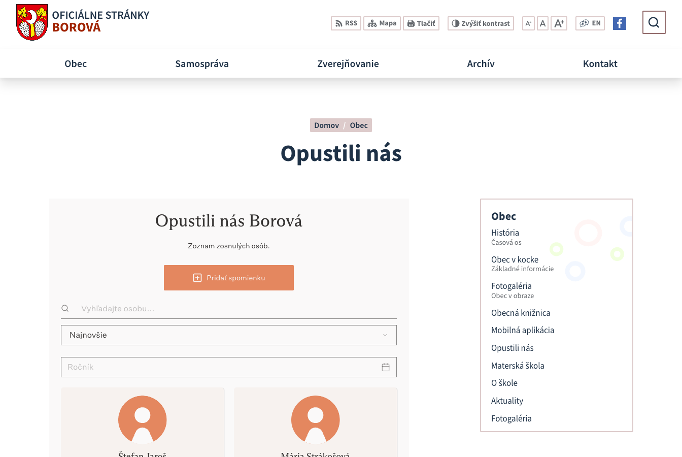 Ukážka sekcie Opustili nás na webe obce Borová